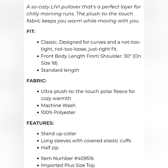 NWT Lane Bryant, LIVI Half-Zip Polar Fleece Pullover 22/24, Blue - Picture 5 of 5